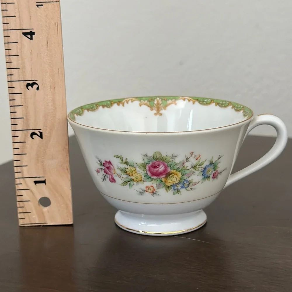 Sango China Cup Saucer Floral Green Gold Rim‎ Vintage Victorian Pattern